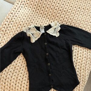 Vintage Laura Ashley Button-Up Cardigan with Cream Crochet Collar